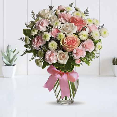 Bouquet of Pink Roses Button Mums and Carnations