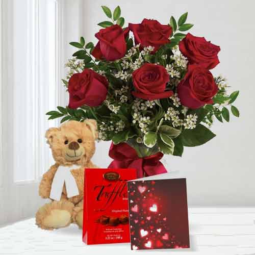 6 Dazzling Red Rose with Chocolate Teddy and Card