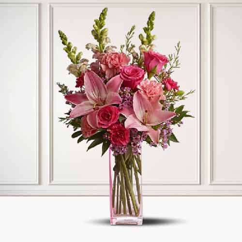 Pink Rose, Lilies, Carnation and Snapdragon Bouquet