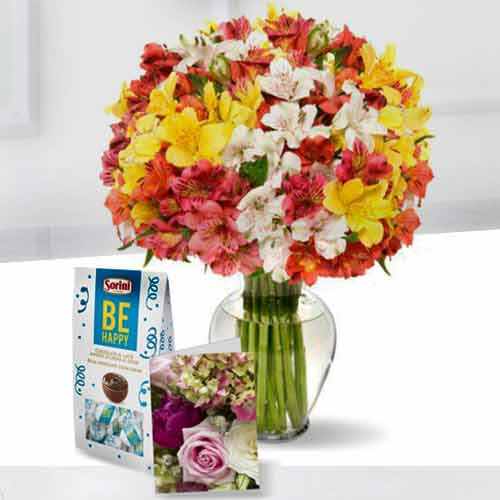 100 Assorted Alstroemeria with Chocolate and Card