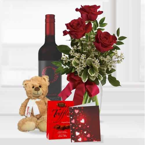 3 Red Rose with Teddy Chocolate Card and Wine