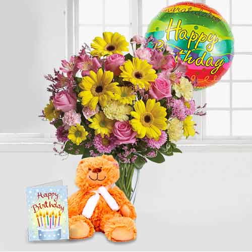 Birthday Combo of Flower teddy Card and Balloon