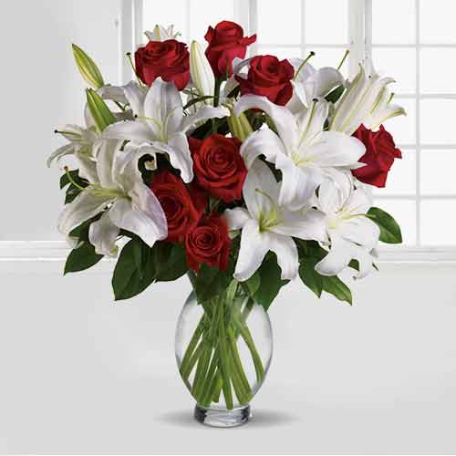 Bouquet of 12 Red Roses and White Lilies