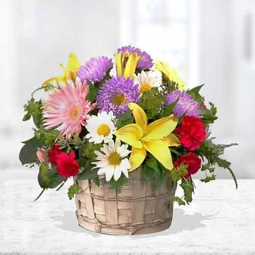 Delightful Basket of Mixed Colours Flowers