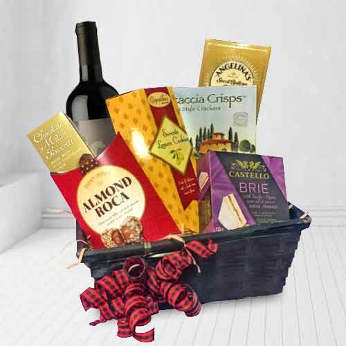 Gourmet Basket with Cheese and Red wine