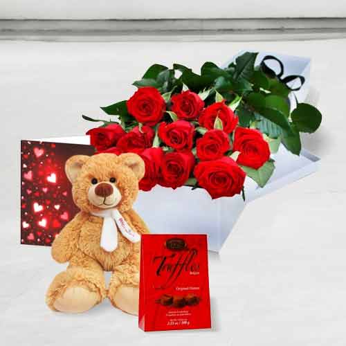 Box of 12 Red Rose with Teddy Chocolate and Card