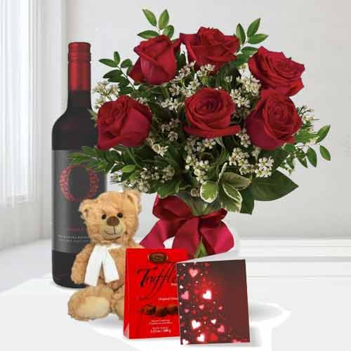 6 Red Rose with Teddy Chocolate Card and Red Wine