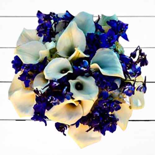 Bouquet of White Calla Lilies and Blue Delphinium