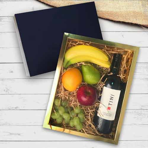 Delicate Gift box of Fresh Fruits and Red wine