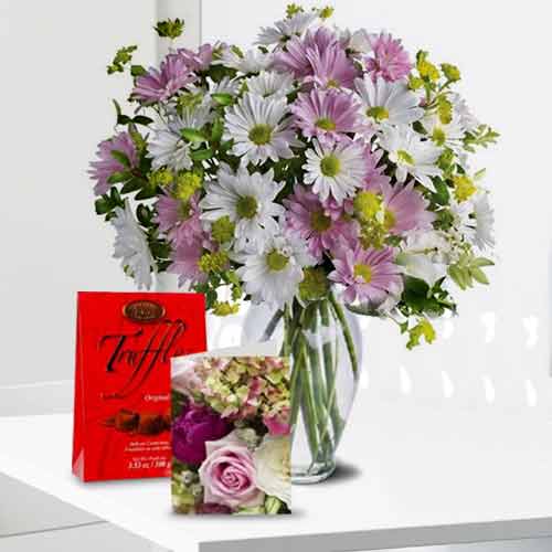 Astonishing Daisies in Vase with Chocolate and Card