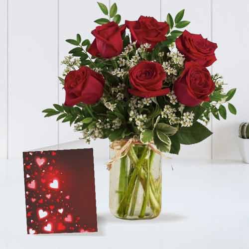 6 Stunning Red Rose in a Mason Jar with a Card