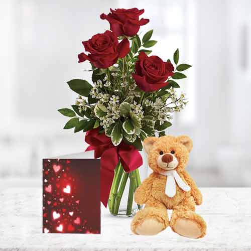 3 Gorgeous Roses Bouquet with Teddy and Card