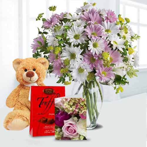 Daisies in Vase with Chocolate,Teddy and Card