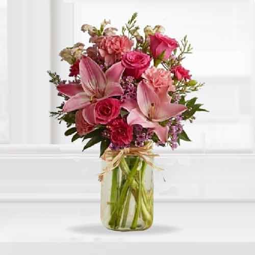 Pink Rose, Lilies, Carnation and Snapdragon in Jar