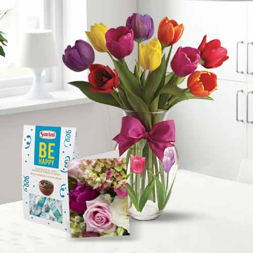 10 Mixed Tulips in a Vase with Chocolate and Card