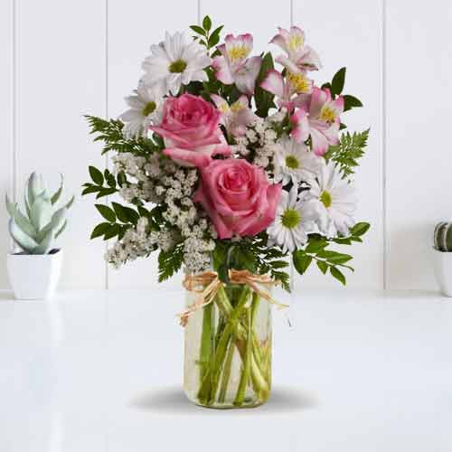 Pink Rose and Alstromeria with White Mums in Jar