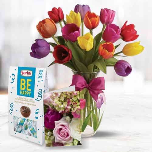 Mixed 15 Tulips with chocolate and Card Combo