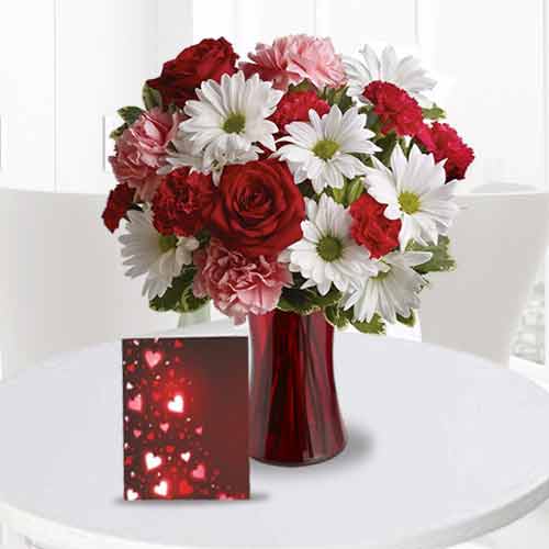 Bouquet of Roses, Mums and Carnations with Card