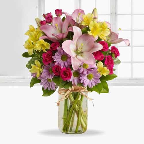 Elegant Spring Flowers Bouquet in Mason Jar