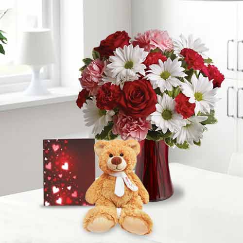 Rose, Mums and Carnation Bouquet with Teddy and card