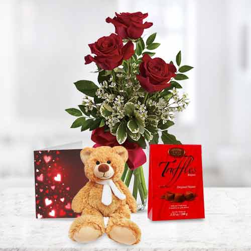 3 Red Rose Bouquet with Teddy and Chocolate