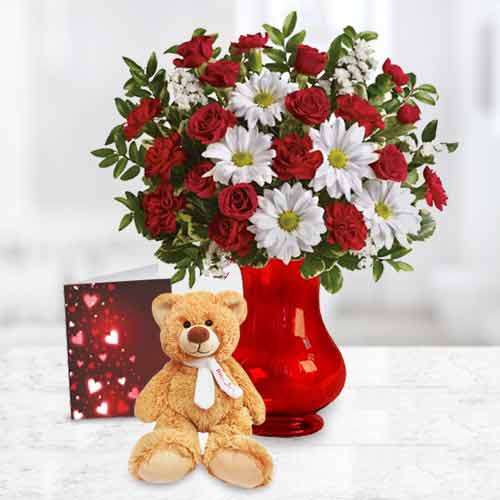 Bouquet of Rose, Carnation and Daisy with Teddy and Card