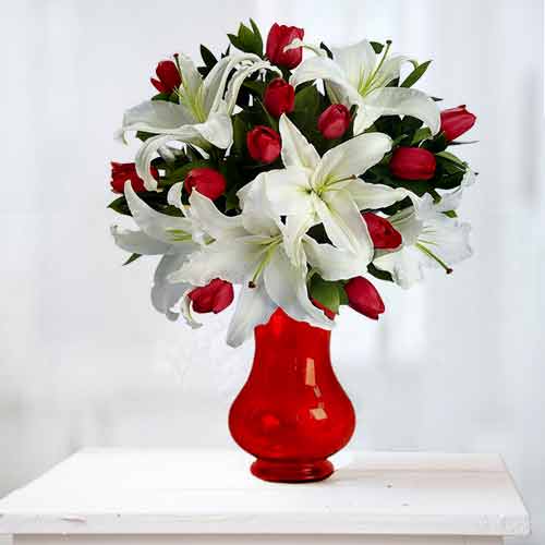 Irresistible Bouquet of Red Tulips and White Lilies