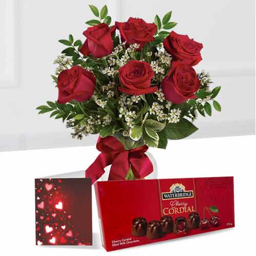 6 Radiant Red Rose Bouquet, Chocolate and Card