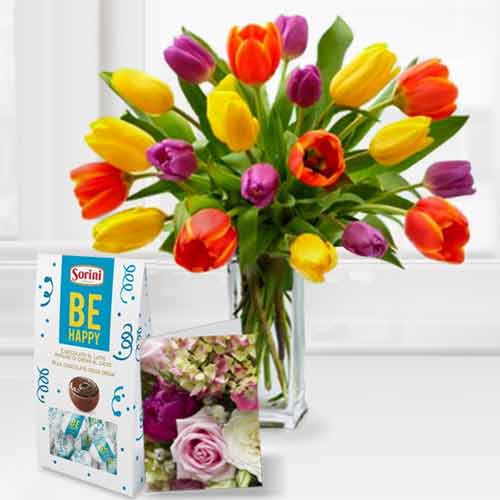 20 Mixed Tulips Bouquet with Chocolate and Card 